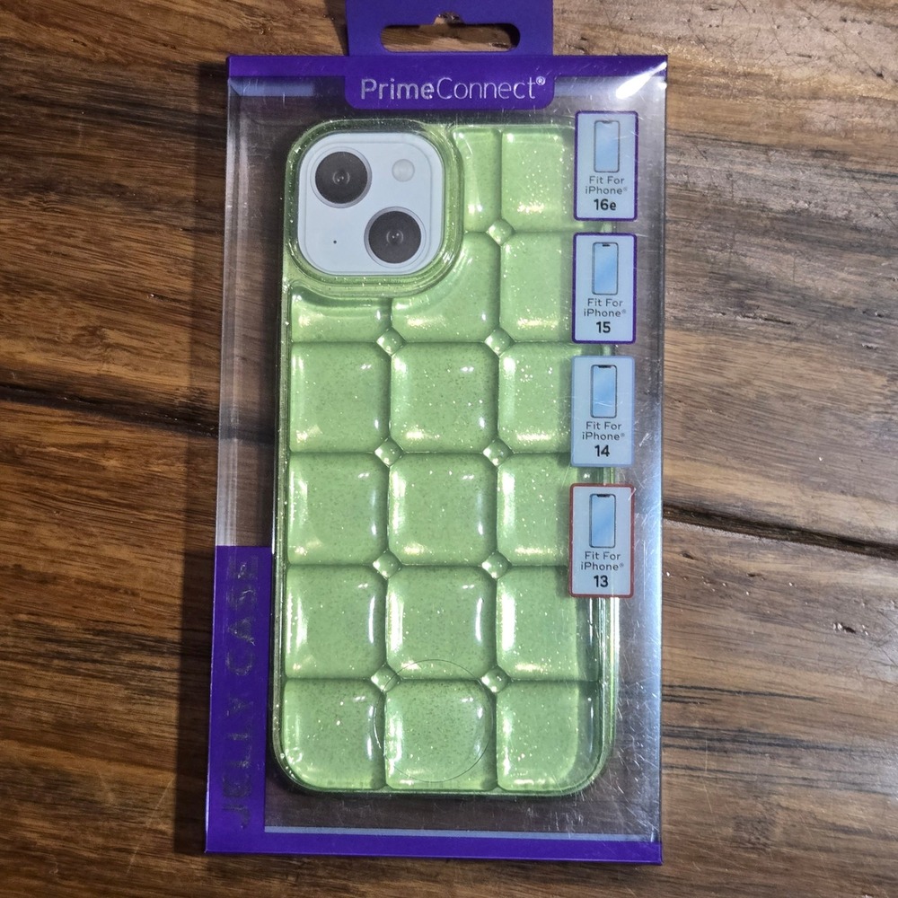 PrimeConnect Jelly Case iPhone 16e 15 14 13 Lime Green Glitter Puffer Viral